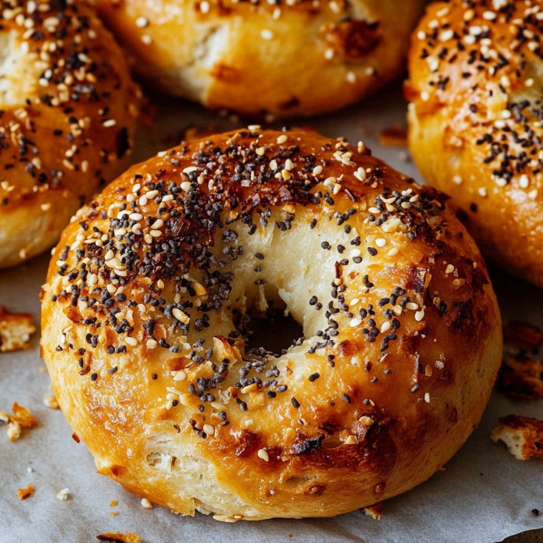 Cottage Cheese Bagel with Everything Bagel Seasoning Close-up of a golden air-fried cottage cheese bagel with everything seasoning