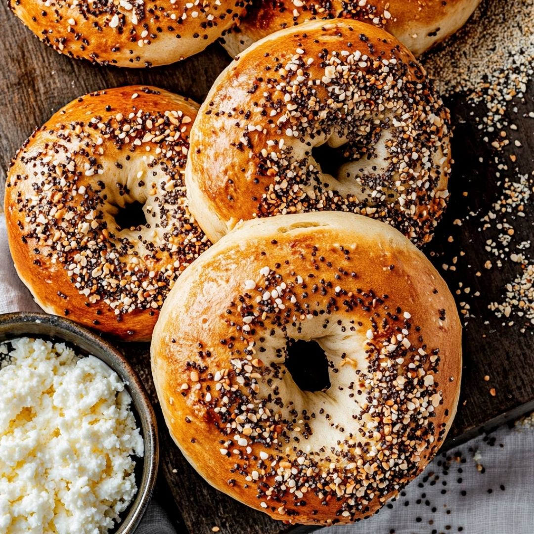 Homemade Cottage Cheese Bagels with Classic Toppings Group of cottage cheese bagels topped with everything bagel seasoning and a bowl of fresh cheese