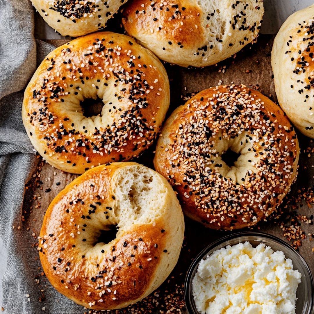 Golden Air-Fried Bagels with Cottage Cheese Topping Rustic board of cottage cheese bagels with cottage cheese in a small bowl