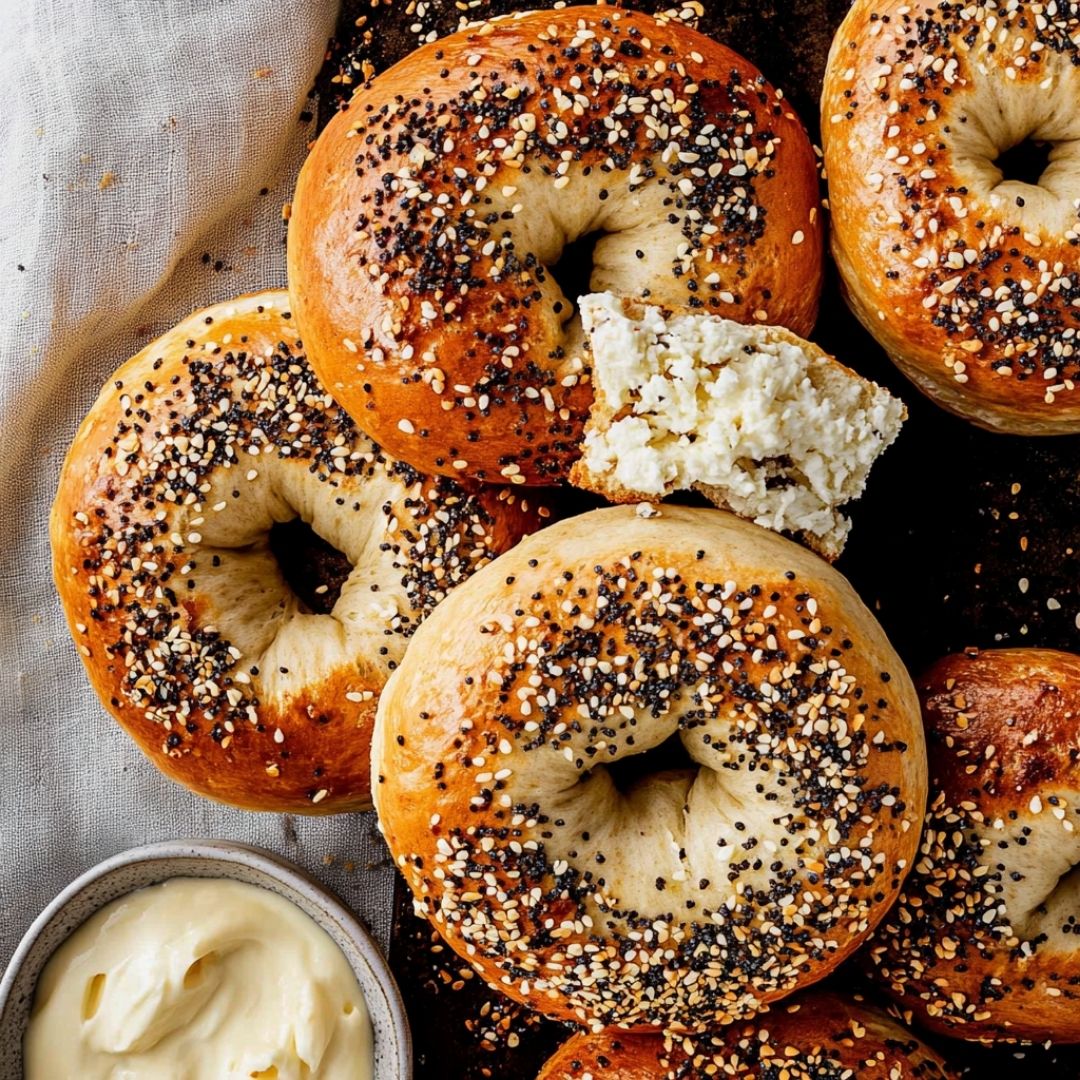 Air-Fried Cottage Cheese Bagels with Spread Cottage cheese bagel torn open to show airy texture with cottage cheese beside it