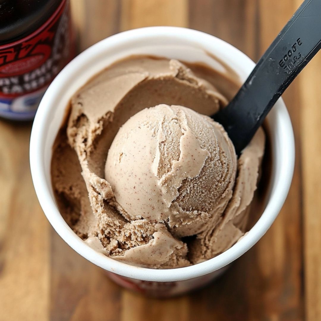 Dr Pepper Ice Cream Scoop with Soda Bottle Dr Pepper ice cream scoop in cup with soda bottle in background