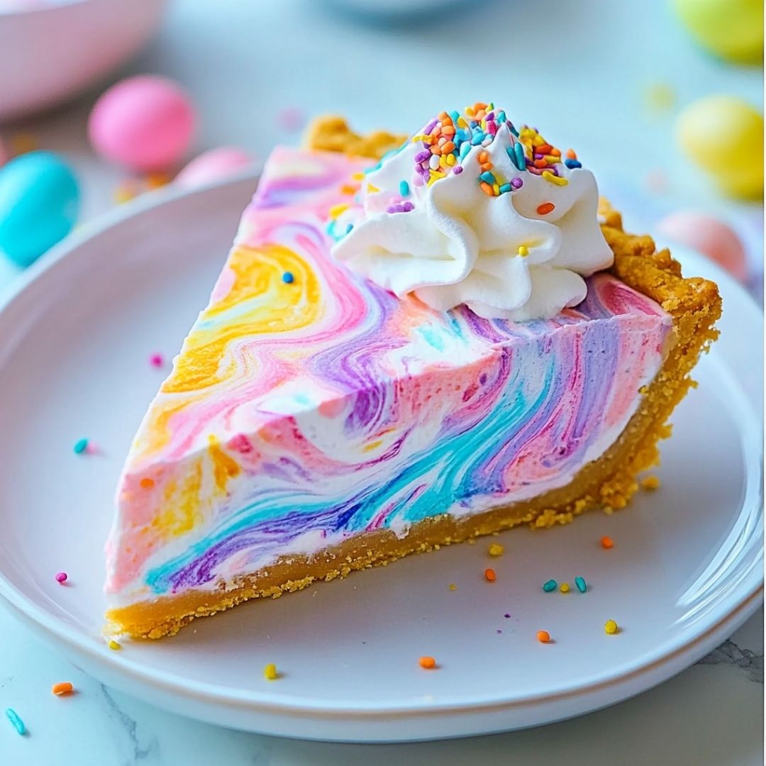 Pastel Easter Swirl Pie Slice with Decorative Toppings Pastel-colored Easter swirl pie with whipped cream and sprinkles