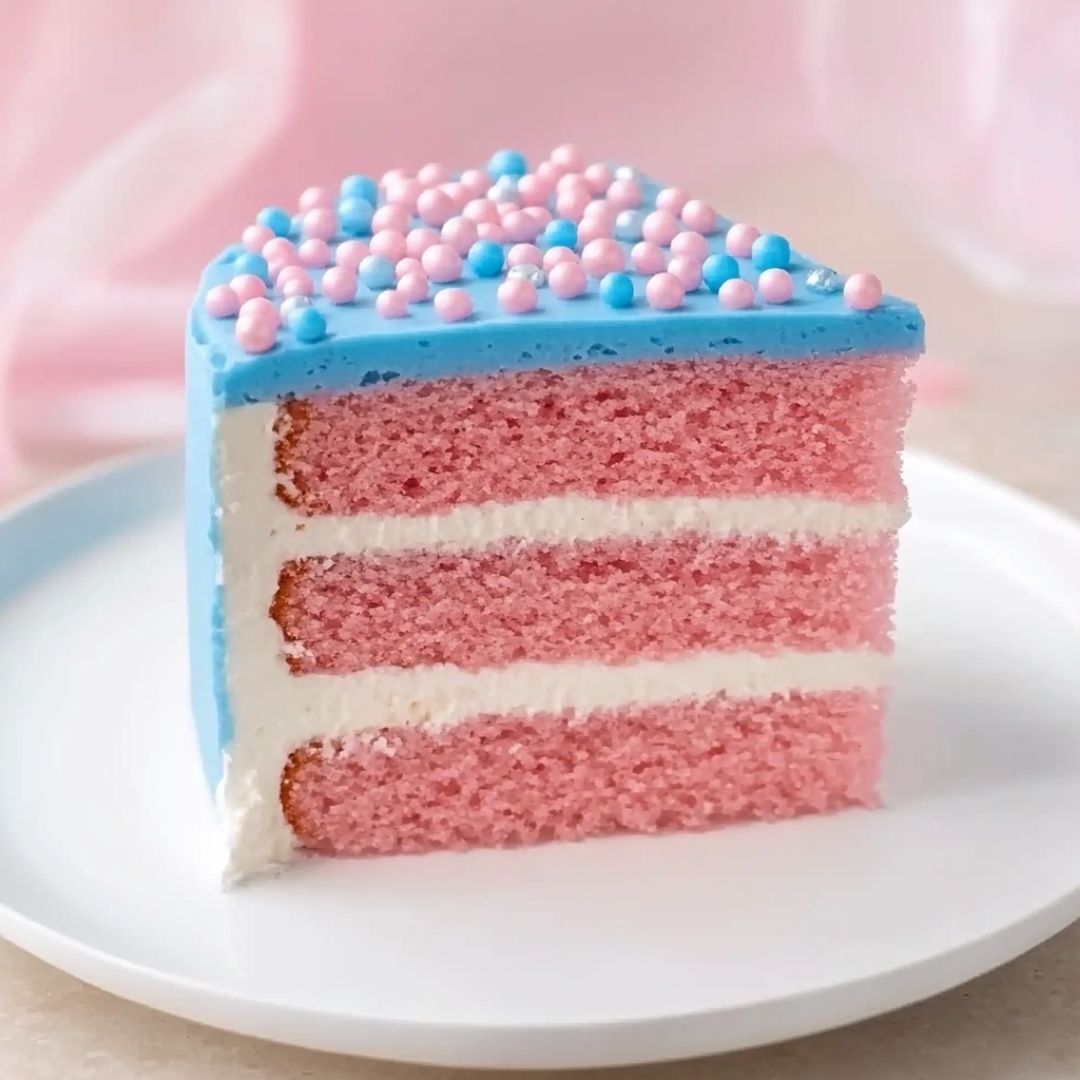 Blue Frosted Gender Reveal Cake Slice with Pink Center Pink layered gender reveal cake slice with blue frosting