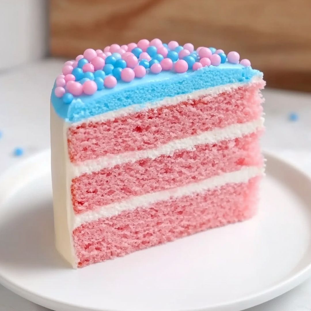 Whipped Frosting Gender Reveal Cake Slice Tri-layer gender reveal cake slice with pastel blue and pink decorations