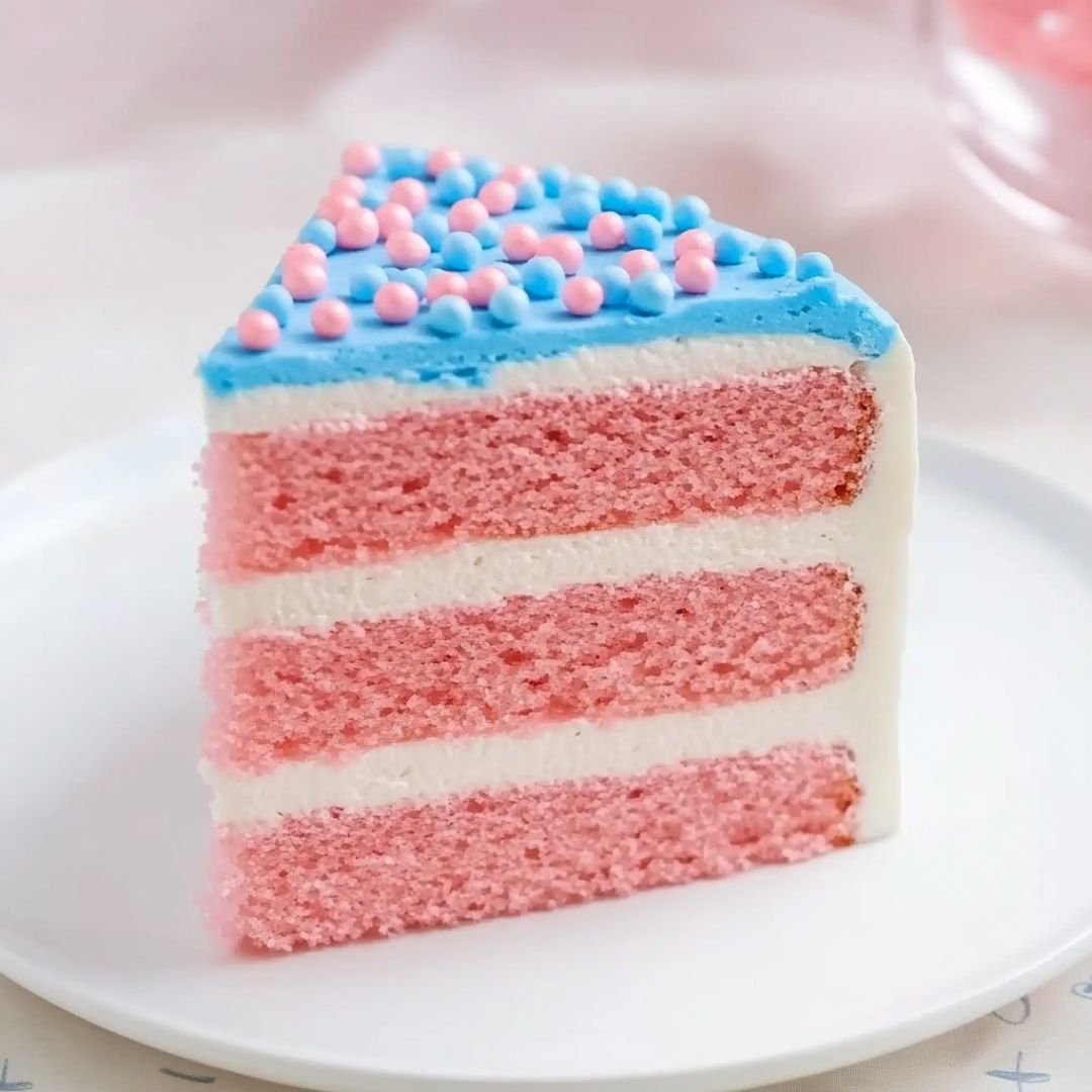 Soft and Sweet Gender Reveal Cake Slice Gender reveal cake slice with pink sponge and blue sprinkles