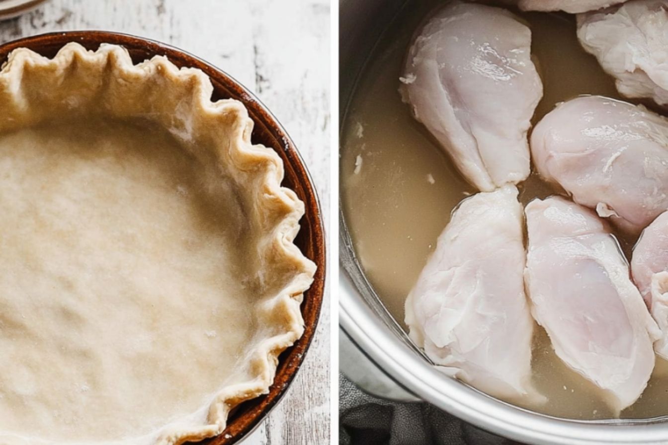 Preparing chicken pot pie crust and simmering chicken unbaked pie crust and chicken cooking in broth