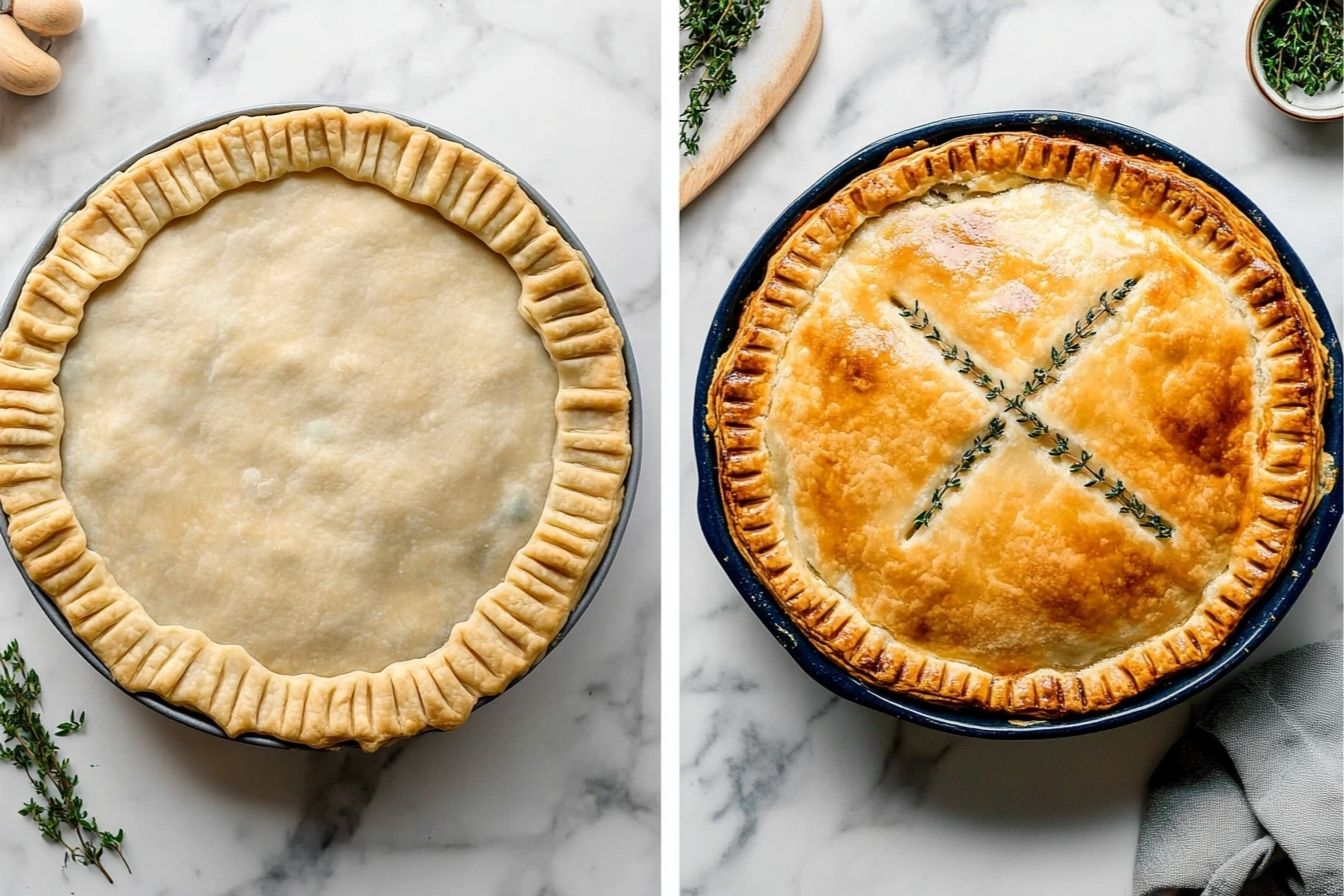 Chicken pot pie raw vs baked – transformation view before and after baking chicken pot pie with golden crust