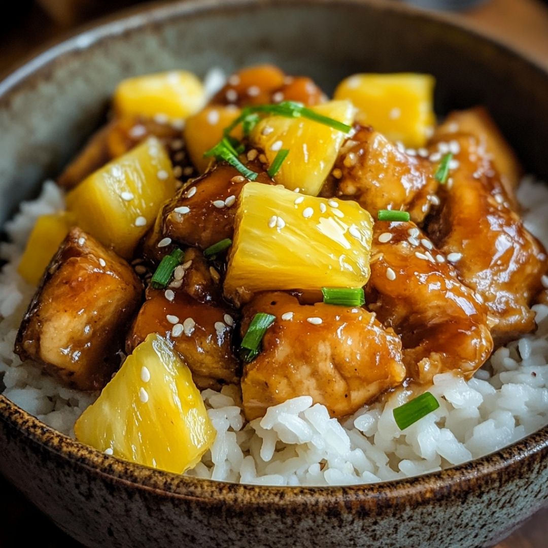 Pineapple chicken and rice in a rustic bowl garnished with sesame seeds