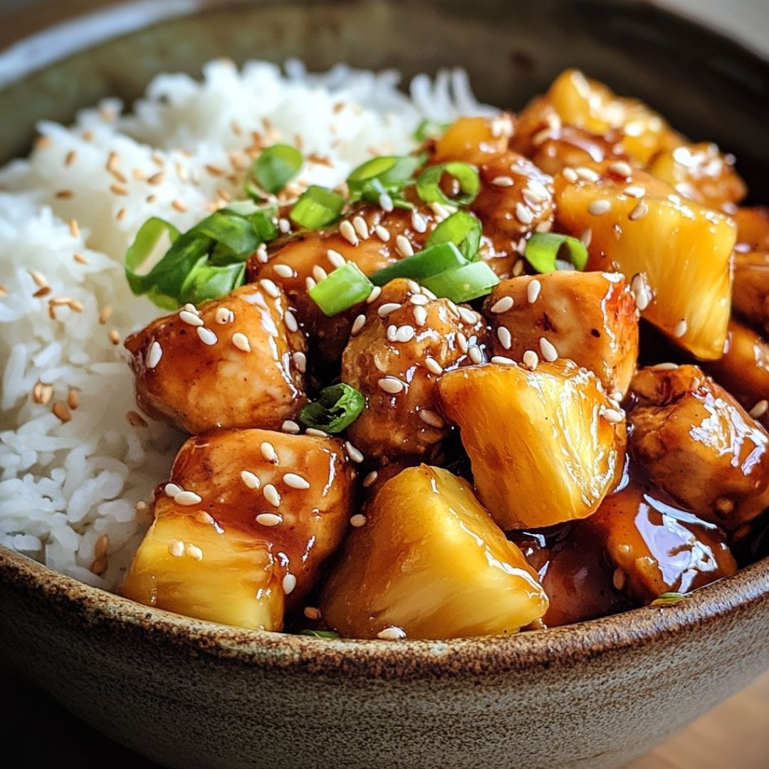 Pineapple chicken and rice served with scallions and toasted sesame seeds