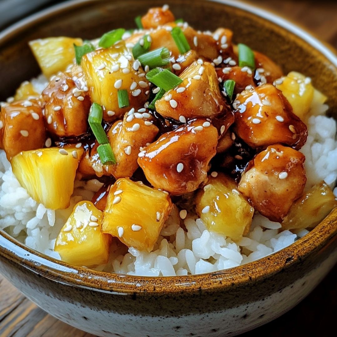 Glazed pineapple chicken and rice with a glossy finish