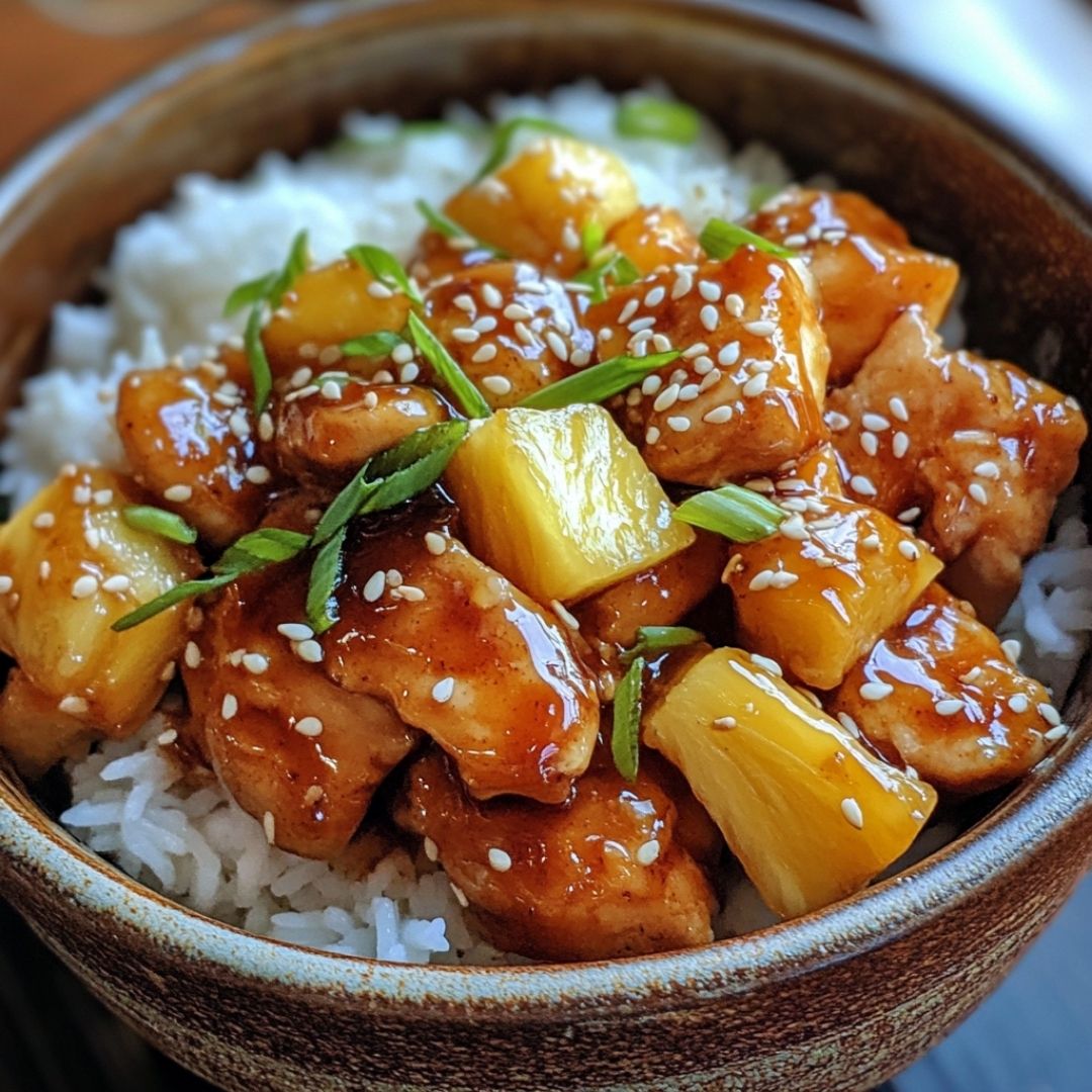 Bowl of pineapple chicken and rice garnished with sesame and scallions