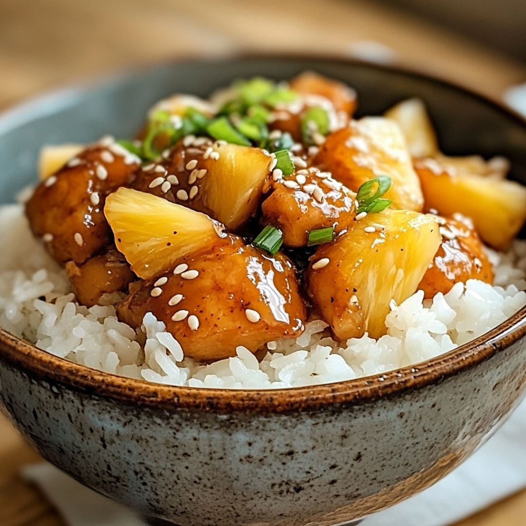Pineapple chicken with sesame and green onion over steamed rice