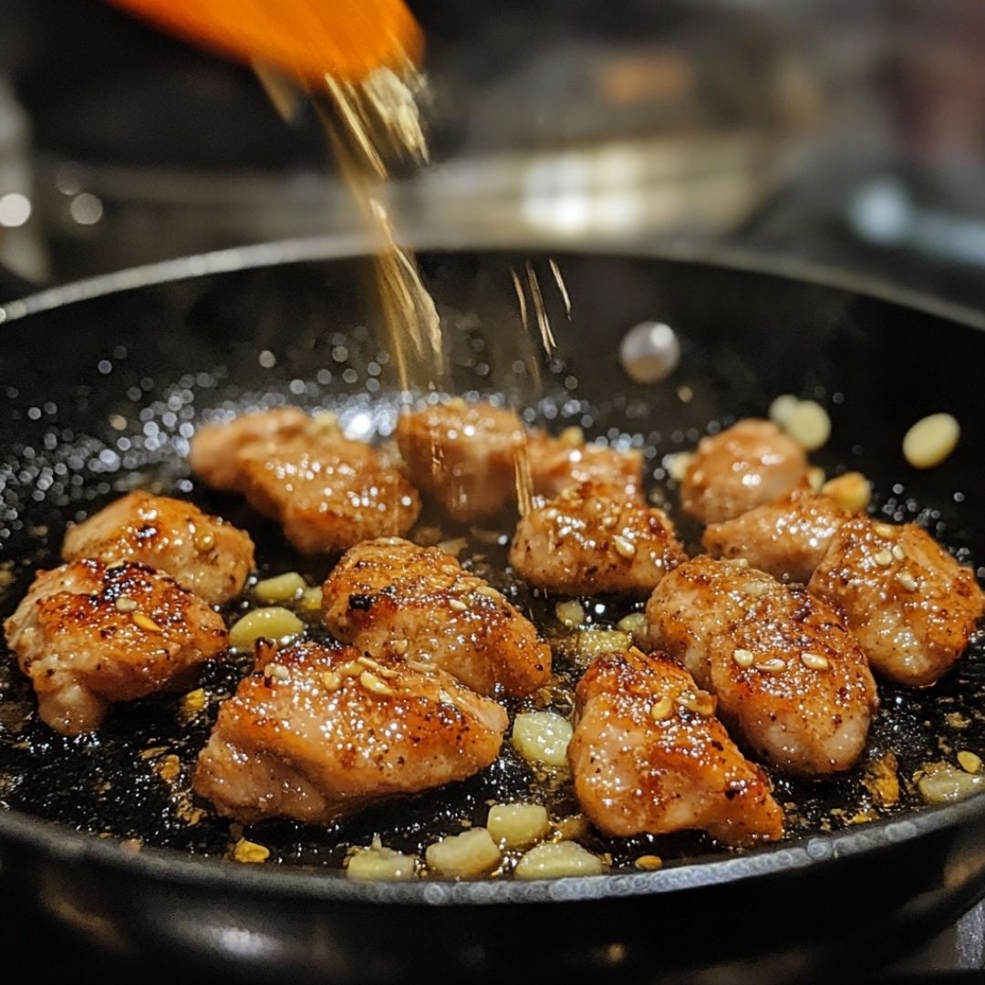 Chicken being seared in skillet with garlic and spices