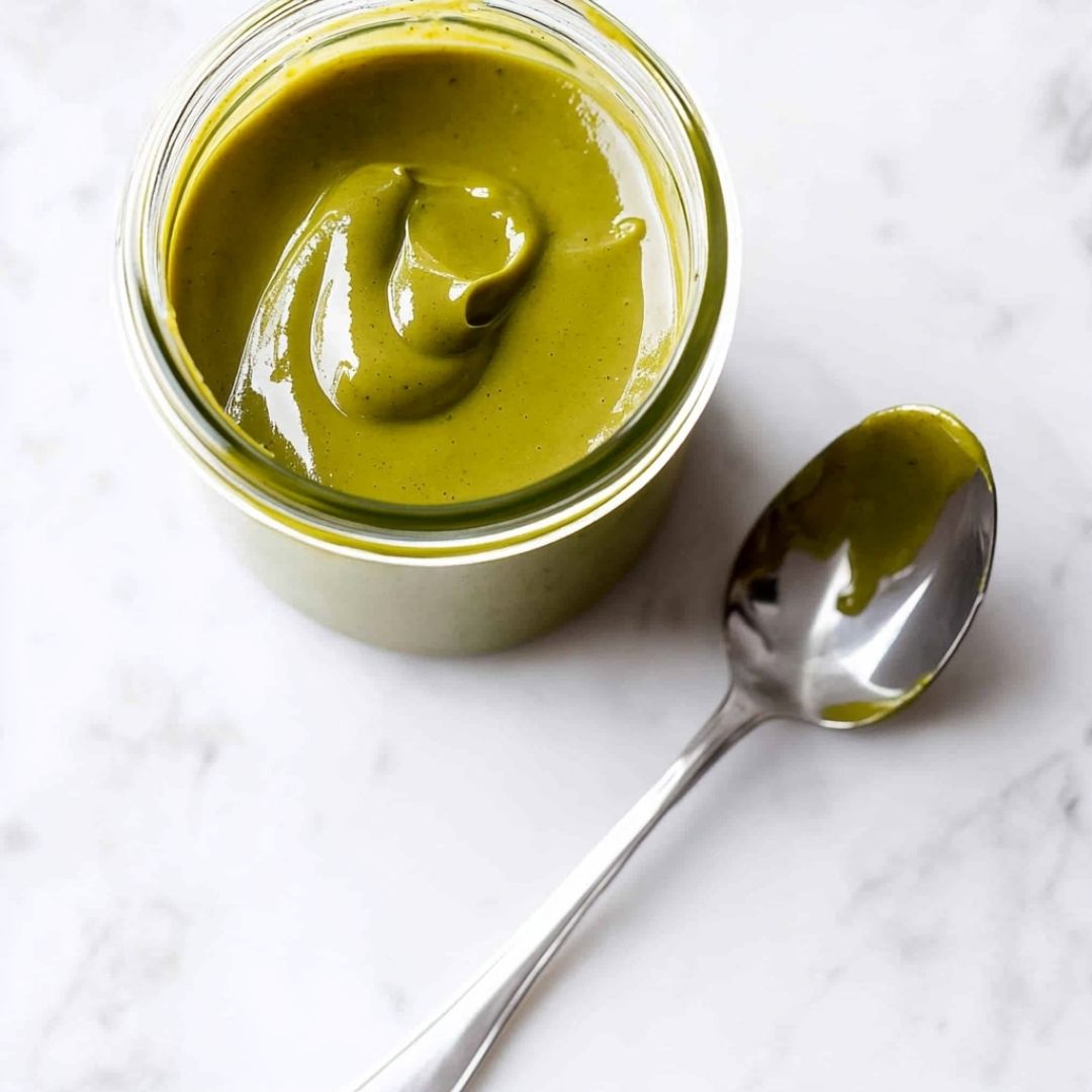 Minimalist Pistachio Butter Scene with Spoon Pistachio butter in a jar with silver spoon on marble