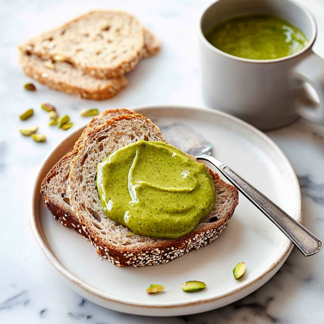 Pistachio Butter Toast with Coffee and Pistachios Pistachio butter spread on whole-grain toast