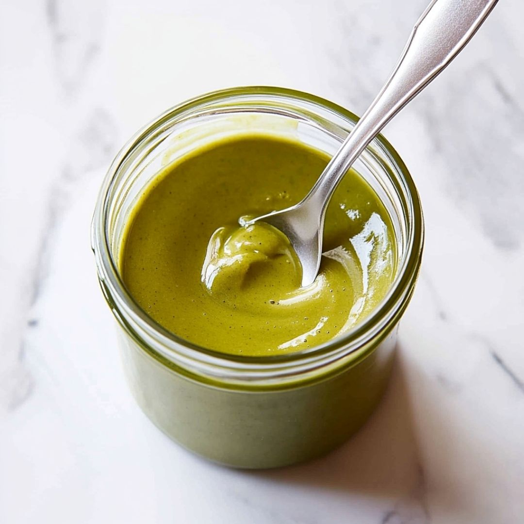 Close-Up of Smooth Pistachio Butter in Jar Spoon dipped in jar of creamy pistachio butter