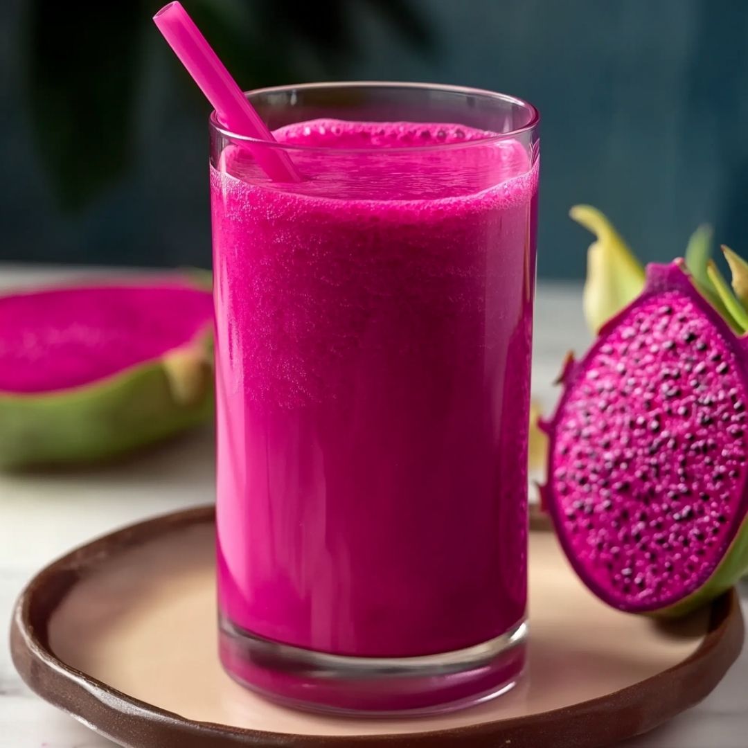 Glass of purple peel weight loss smoothie on a brown ceramic plate