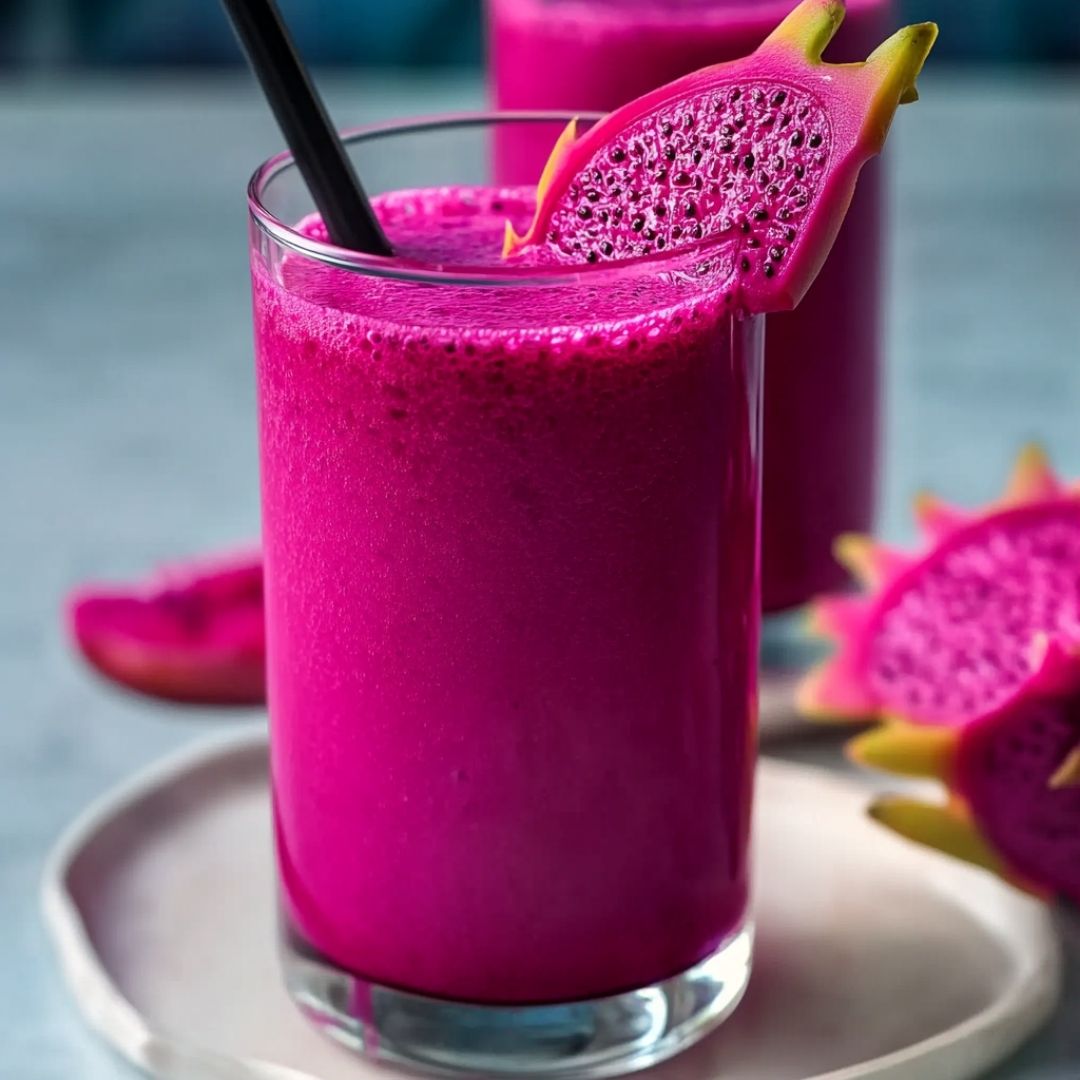 Purple peel smoothie with dragon fruit garnish and black straw