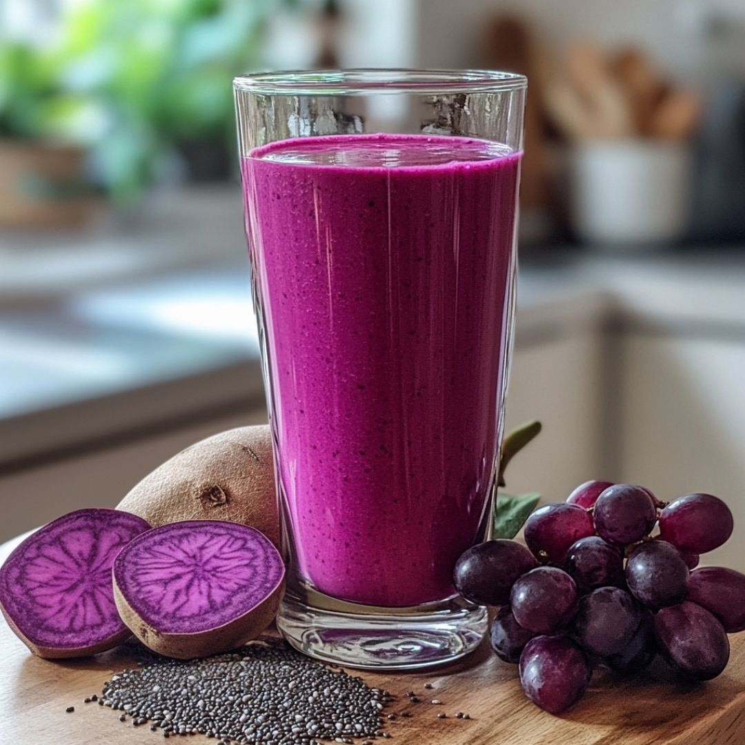 Purple peel weight loss smoothie surrounded by grapes, chia seeds, and sweet potato