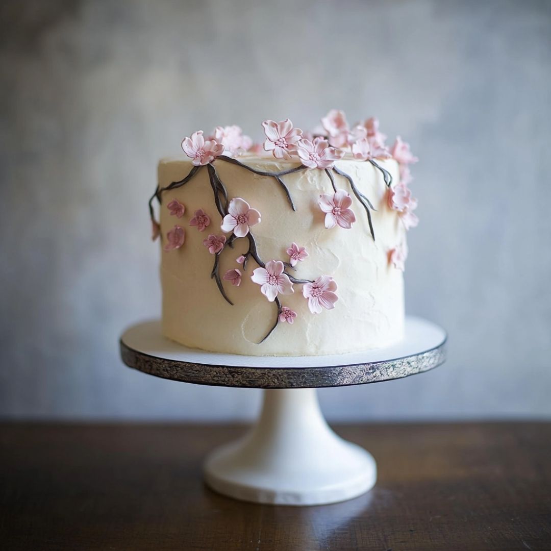 Sakura Blossom Cake with Cascading Floral Design Japanese cherry blossom cake with cascading pink flowers and dark branches
