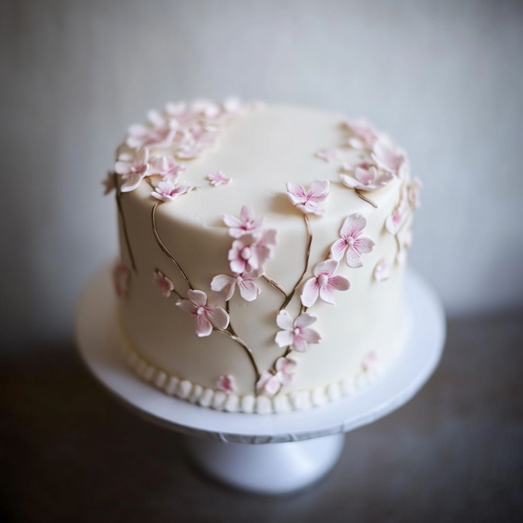 White Buttercream Cake with Sakura Blossoms Elegant sakura-themed buttercream cake topped with edible pink flowers