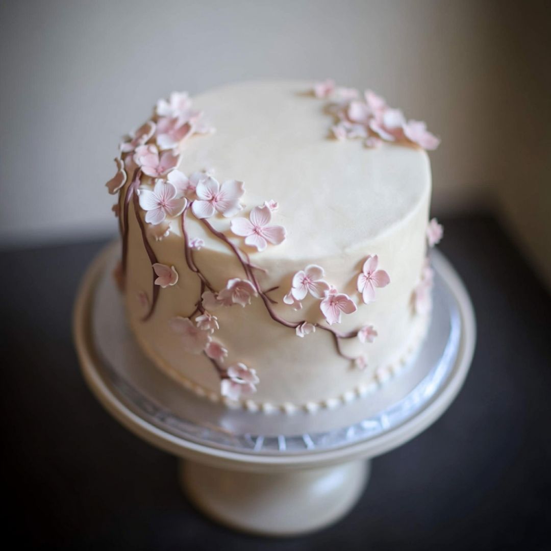 Floral Vine Sakura Cake on Round Stand Cherry blossom cake with trailing pink floral vines on white icing