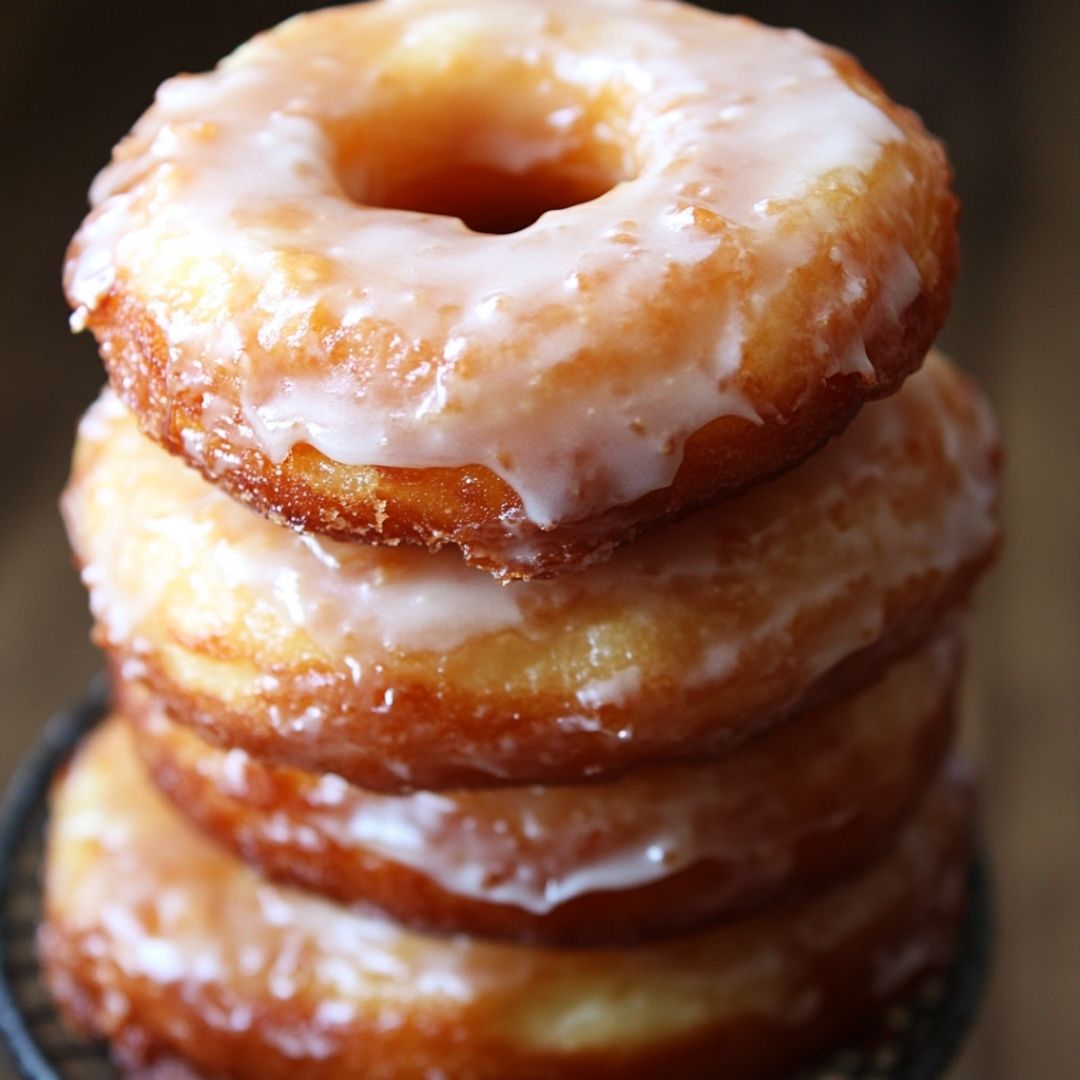 Fried Sour Cream Donuts with Vanilla Glaze Stack of freshly fried sour cream donuts with icing